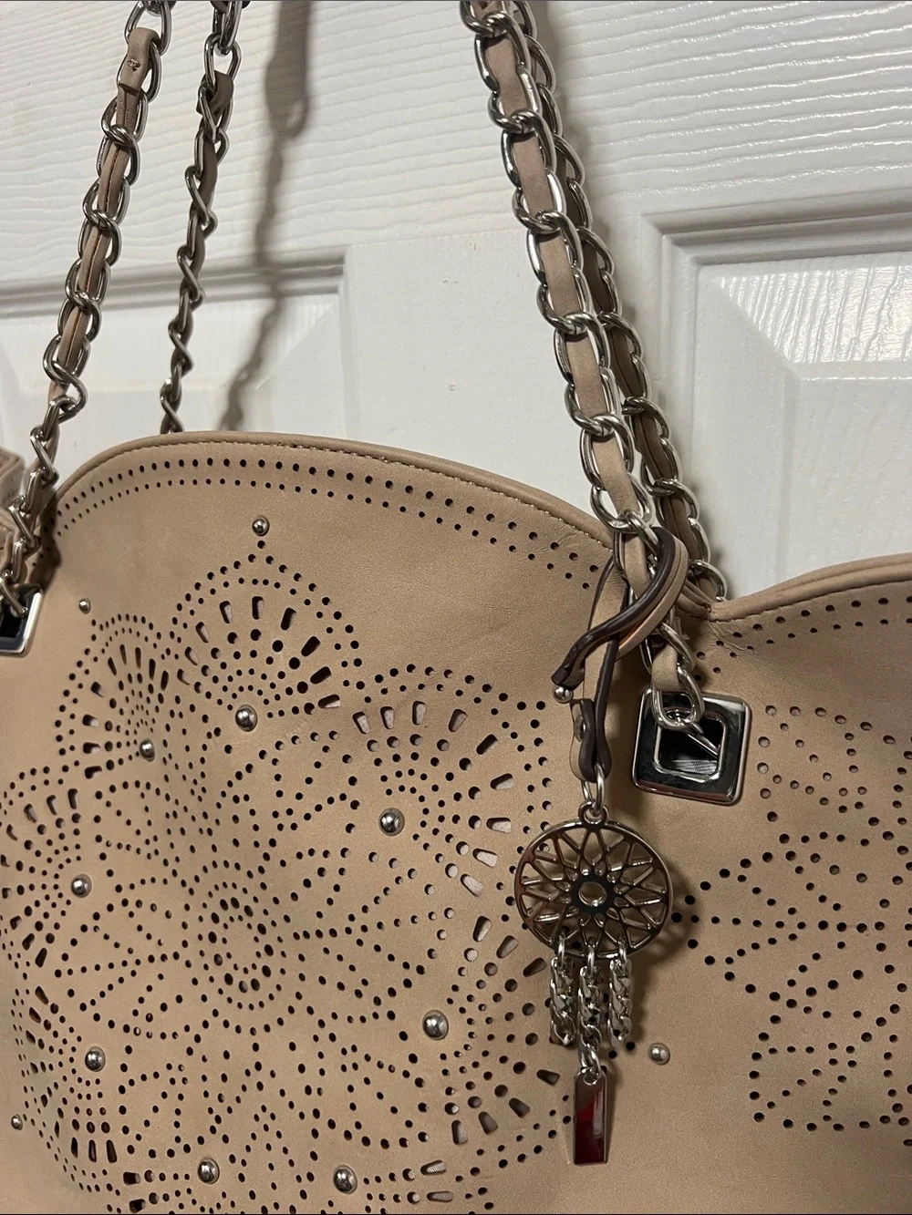 Jessica Simpson Sunny Laser-Cut Tote Bag Beige Taupe Studded Chain Strap